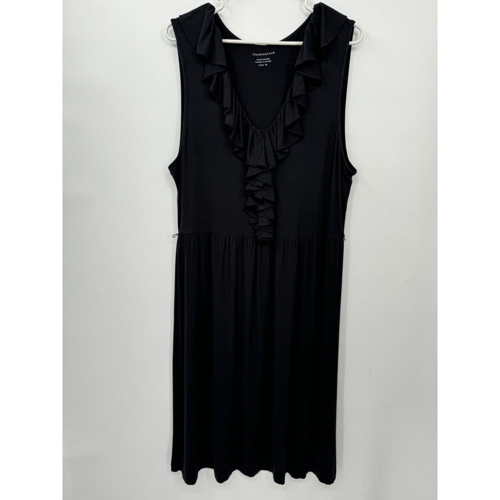 Charter Club XL Ruffle Neck Midi Dress Womens Black Sleeveless Jersey Knit